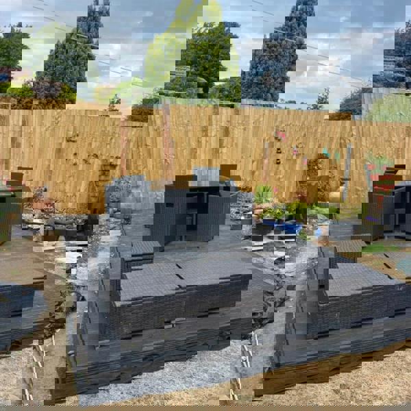 Outdoor patio furniture set on deck