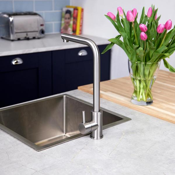 Flode Mjörn | Single Lever Kitchen Sink Mixer Tap with Swivel Spout | L Neck Design | Brushed Steel Finish