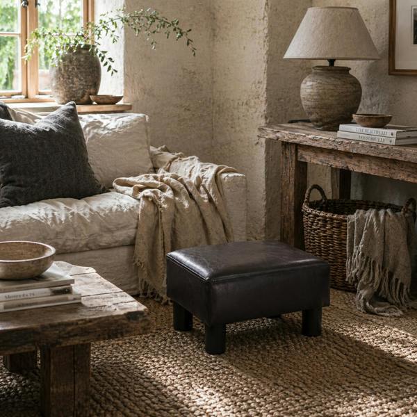 Wyld Haus Fatopa Brown Faux Leather Cube Footstool With 4 Plastic Feet