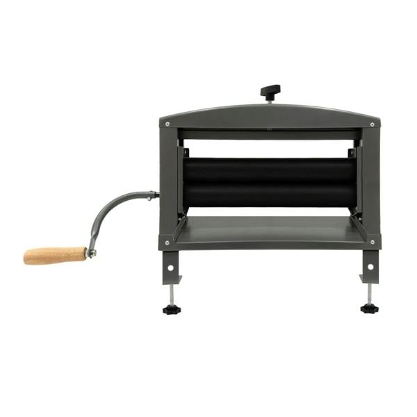 Manual hand wringer with a sturdy metal frame, black rubber roller, and wooden handle, designed for efficient water extraction