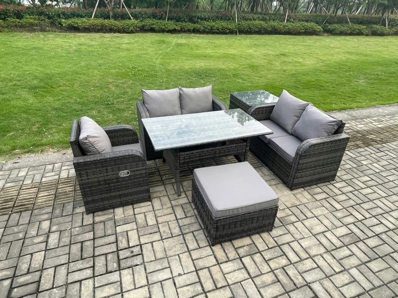 Fimous Lounge Rattan Sofa Set Outdoor Garden Furniture Oblong Rectangular Dining Table With Chairs Big Footstool Side Table Dark Grey Mixed