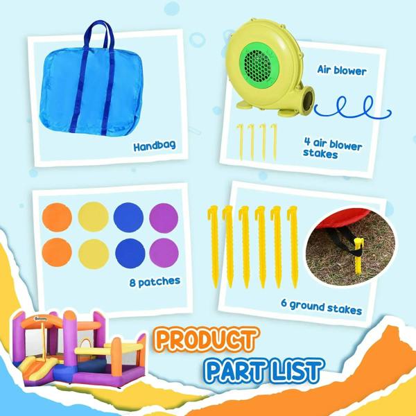 Inflatable bounce house accessory set: green air blower, stakes, patches, and carry bag