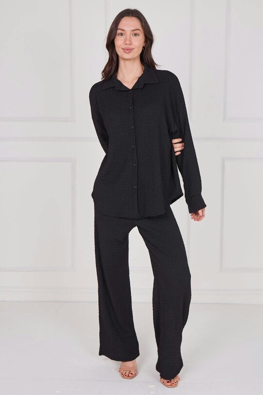 Elaina Fashion Textured Shirt & Wide-Leg Trouser Co-Ord Set