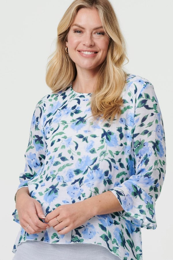 Blue | Floral Layered 3/4 Sleeve Tunic Top
