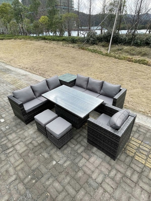 Fimous 9 Seater PE Rattan Corner Sofa Set Rising Adjustable Dining Table Set High Side Coffee Table With Arm Chair Stools