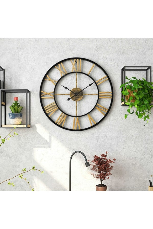 Living and Home 60cm Dia Retro Industrial Style Gold Roman Numerals Black Frame Hollow Metal Wall Clock