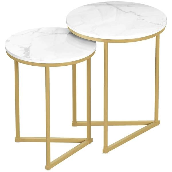 Set of two round marble-effect nesting tables with white tops and gold-tone frames