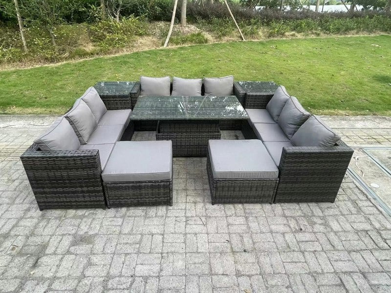 Fimous 11-Seater Dark Grey Wicker PE Rattan Outdoor Sofa Set | Adjustable Rising Dining Table, 2 Side Tables, 2 Footstools