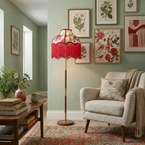 Chic Red Robin Themed Vintage Victorian Style Cotton Fabric Lamp Shade Image 6