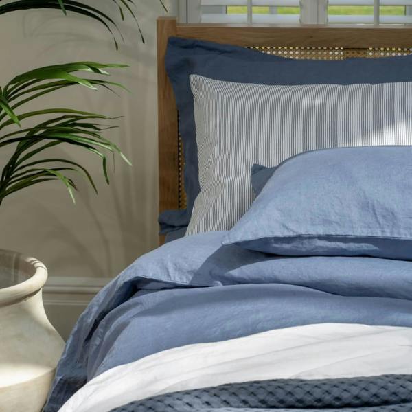 Denim Blue French Linen 40cm Deep Fitted Sheets close-up detail 2 | Soak and Sleep