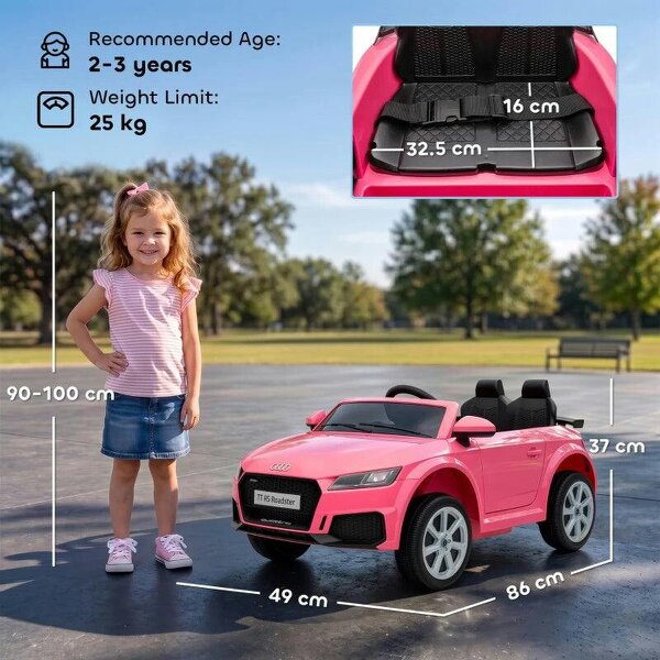 12V Audi TT RS Licensed Electric Car, Electric Ride On Toy with Remote Control, Dual Motors, 4-Wheel Suspension, Pink