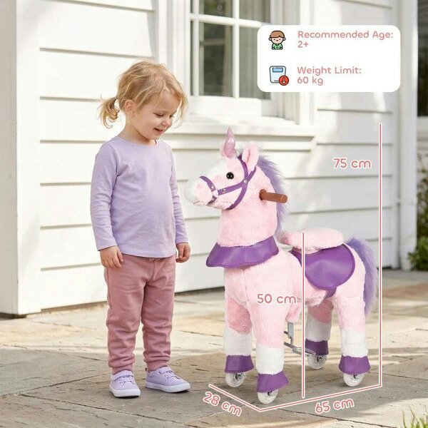 Ride on Horse Pedal Ride On Walking Horse Toy Rotatable Head Neighing Sound, Pink
