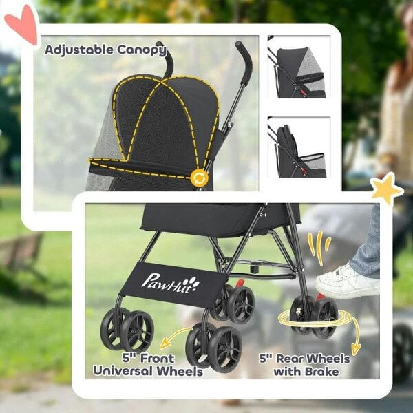 Dog Stroller, Foldable Cat Dog Pram for Miniature Breeds, Pet Stroller with Brake, Mesh Windows, Black