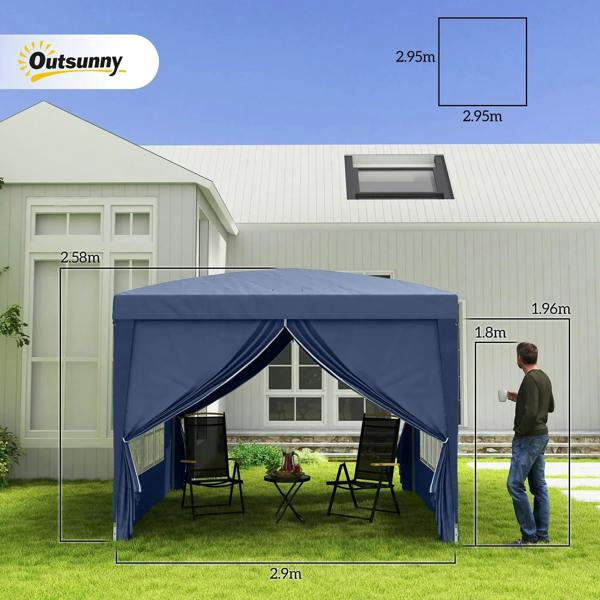 Blue pop-up gazebo with centered front opening and side window panels