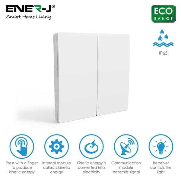 ENER-J Enerj 2 Gang Wireless Kinetic Switch, White with 2 Non Dimmable 5A RF Receiver Eco Range
