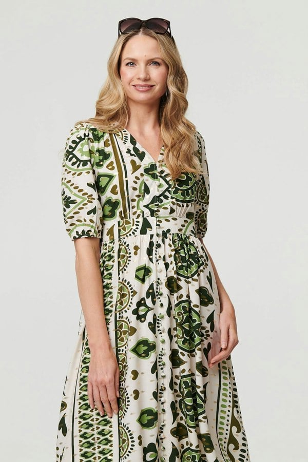 Green | Printed 1/2 Sleeve A-Line Midi Dress
