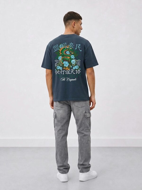 London Attitude Original Creators Dragon Graphic Heavyweight Oversized T-Shirt - Blue Dusk