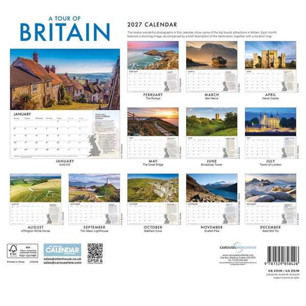 A Tour Of Britain Calendar 2027, Wall Calendars, Month To View, Travel, Gift