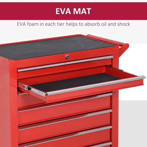 Red tool cabinet with EVA mat top and open drawers with slide rails