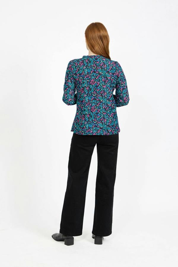 Mudflower Floral Printed Button-Up Blouse with Ruffle Detailing