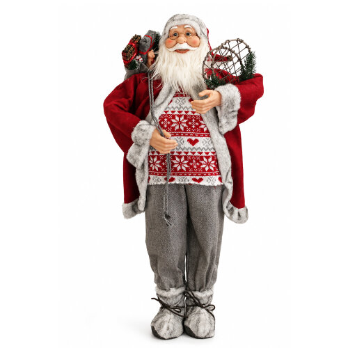 90cm Freestanding Father Christmas Figure with Presents Sack & Snowshoes, Rustic Santa Decoration with Fabric & Wool Clothing