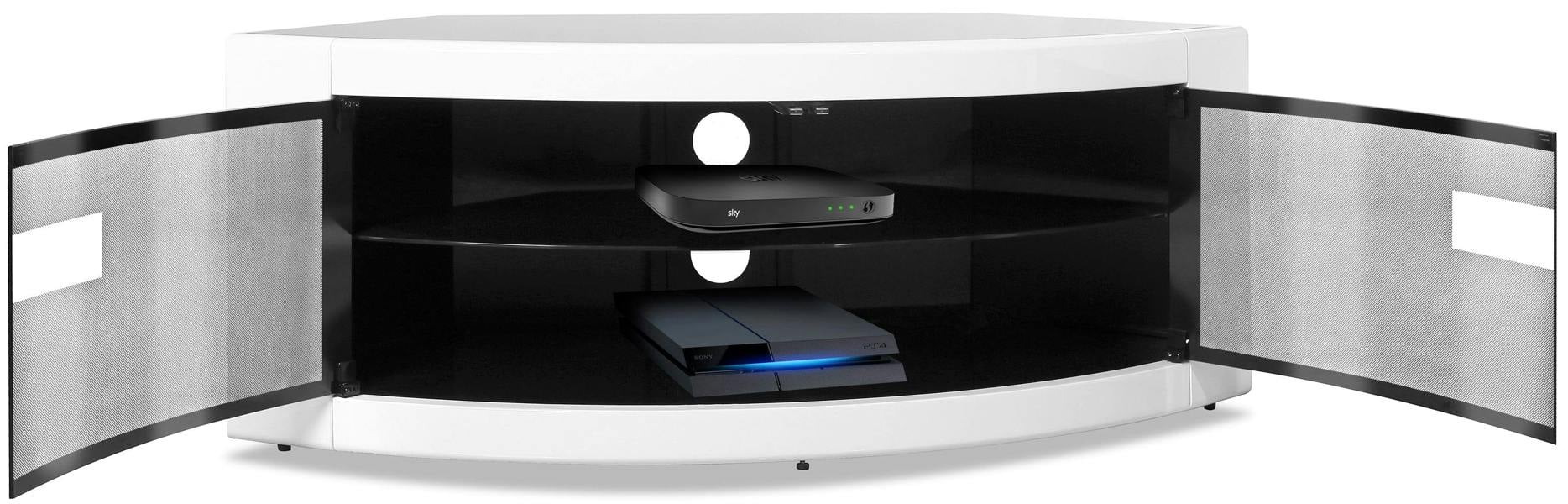 Homeology PANGEA Gloss Black and White Beam-Thru Glass Doors Curved Unit Tru-Corner 32"-50" TV Cabinet