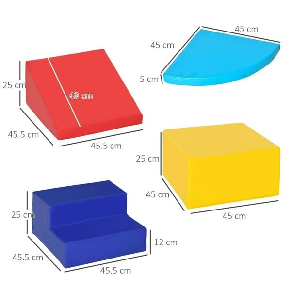 Foam stair and ramp pieces shown with dimensions: red ramp, blue steps, yellow box