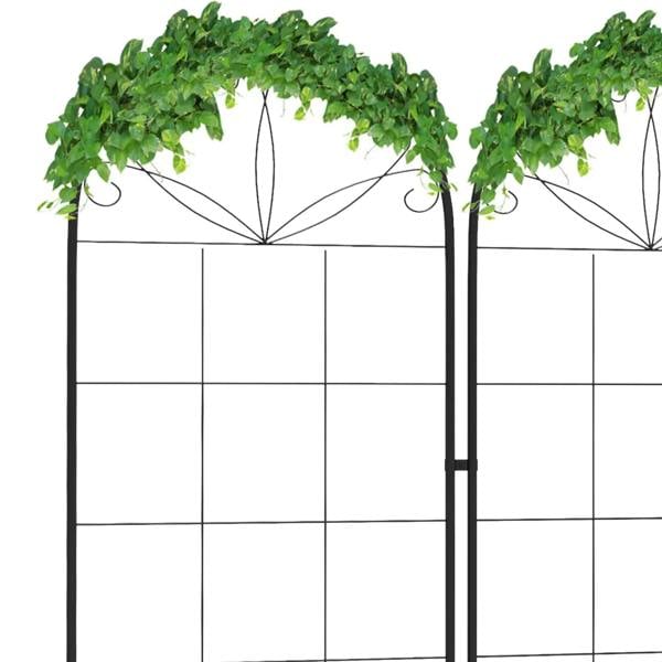 Black metal trellis set of 2 with decorative scrollwork and leafy top growth