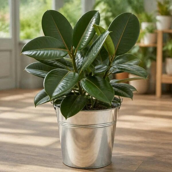 Ficus Robusta Rubber Plant – Elegant Glossy Green Foliage Indoor Houseplant - Galvanized Bucket