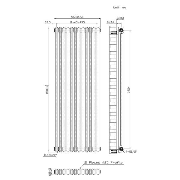 Monstershop Traditional 2 Column Radiator - 1500 x 560mm - Raw Metal