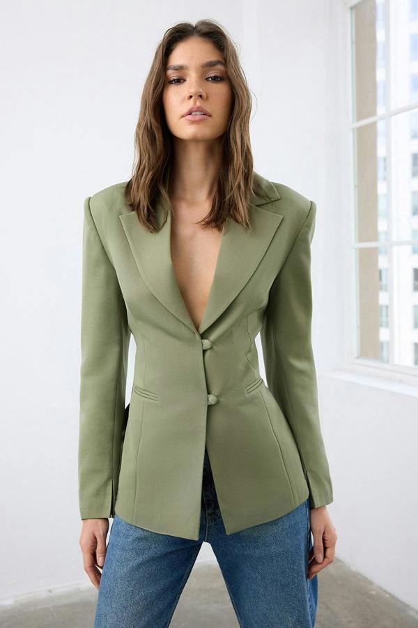 Back Tie Detail Fitted Woven Blazer Jacket
