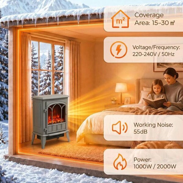 Freestanding Electric Fireplace, Electric Log Burner with LED Flame Effect, Overheating Safety System, 1000W/2000W Grey