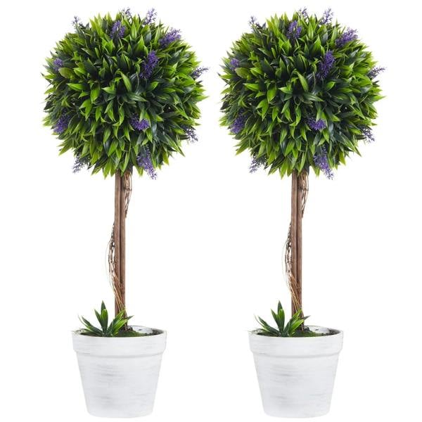 Set of 2 artificial ball tree plants with green foliage, purple lavender blooms, in white pots