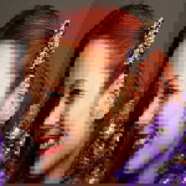 flower hair clip in purple enamel bridesmaid hair down