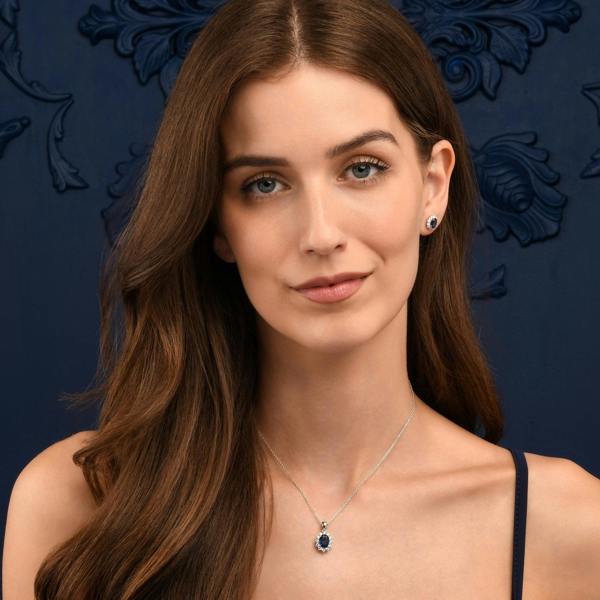 namana 925 Sterling Silver Blue Cubic Zirconia Oval Halo Pendant Necklace