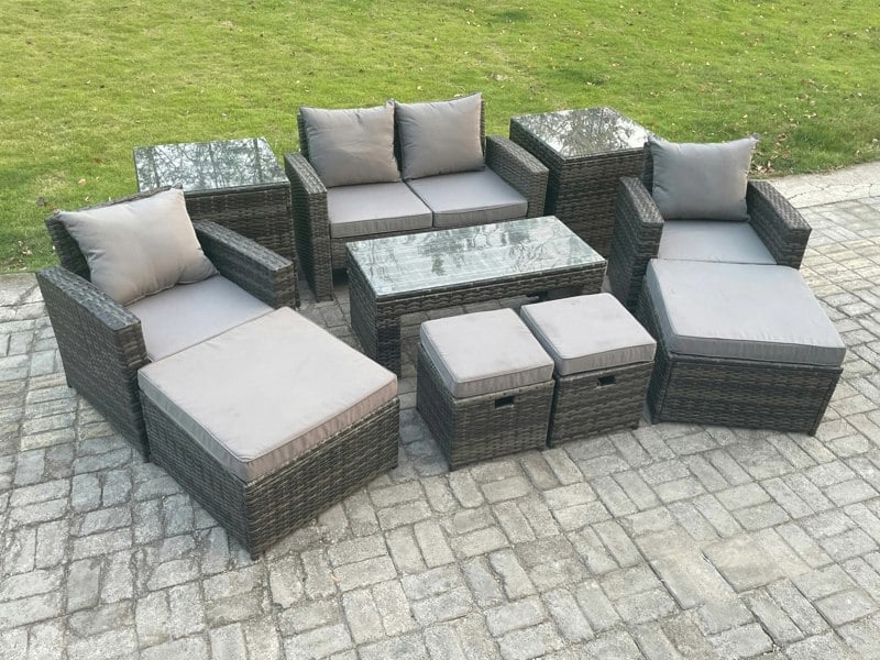 Fimous High Back Rattan Garden Sofa Set - Dark Grey Mixed Patio Furniture with Rectangular Coffee Table & Armchair
