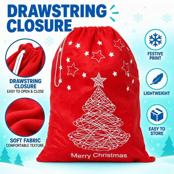Shatchi 60cm x 45cm Red Merry Christmas Santa Sack with Festive Print for Gifts and Dressing Up