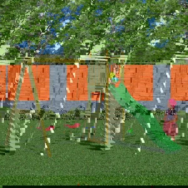 Climbing frame Rumble Ridge Rock Wall with double swing, slide and wall - Best Shed