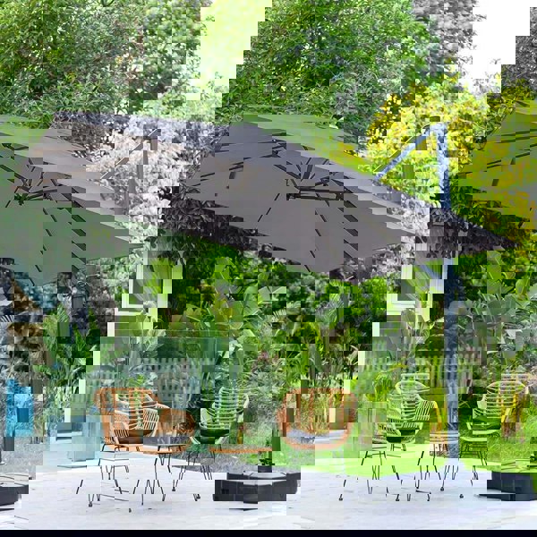 Dark Grey 3 x 3 m Square Cantilever Parasol Outdoor Hanging Umbrella for Garden and Patio Parasols Living and Home Parasol + Cross Base + Square Water Tank