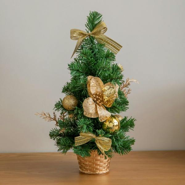 Samuel Alexander 40cm Golden Fir Mini Christmas Tree with Gold Baubles, Ribbons & Poinsettias