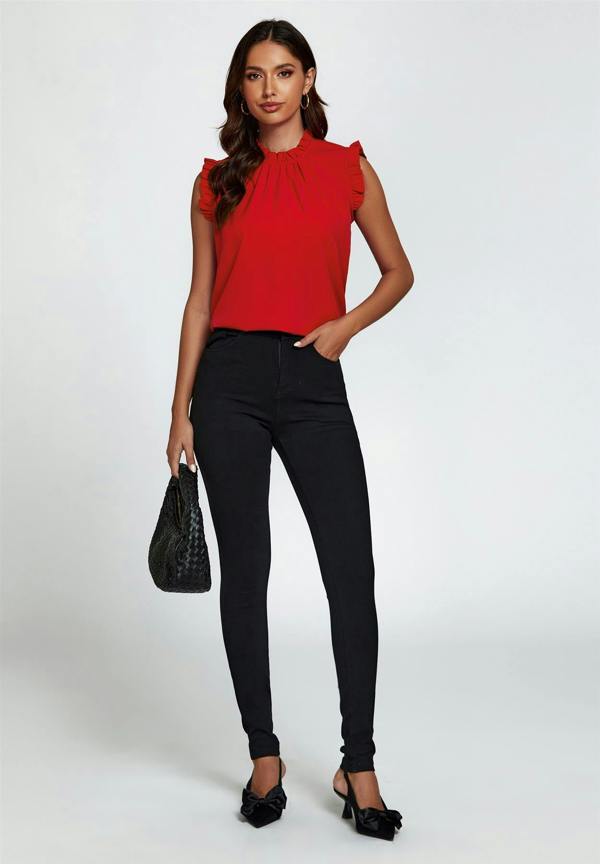 FS Collection Frill Trim Sleeve Frill Neck Blouse Top In Red