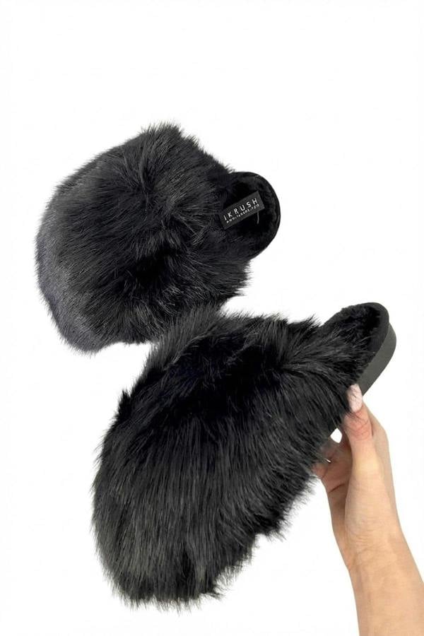 Nadia Fluffy Faux Fur Slippers - Black_wb