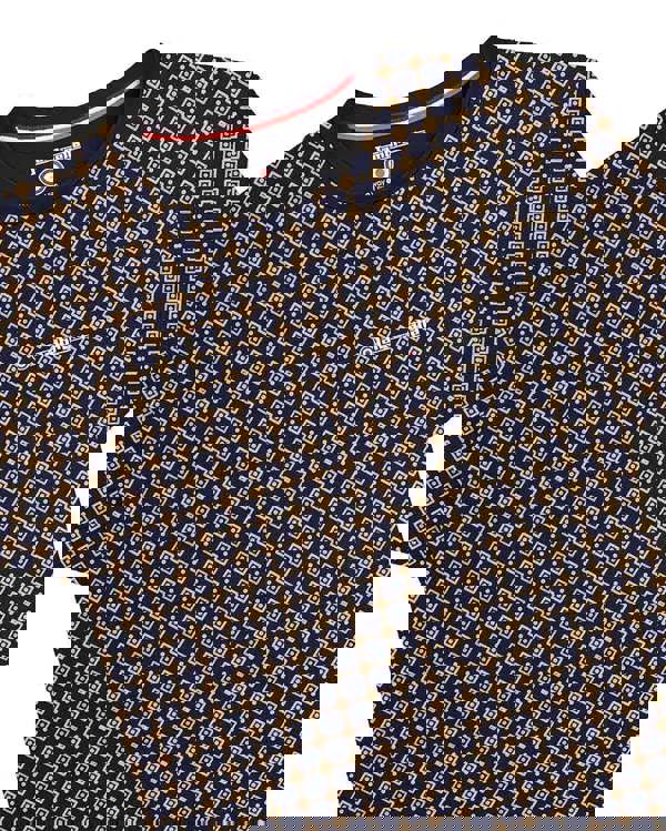 Lambretta Mens All Over Geometric Smart Classic Retro T-Shirt, black T-shirt with a colorful geometric pattern of yellow and blue squares and dots, round neck design.