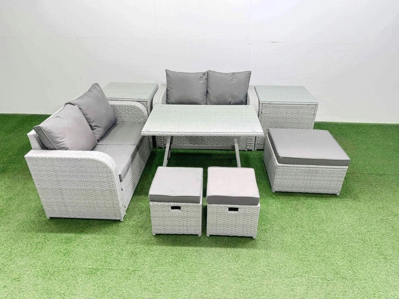 Fimous 7 Seater Outdoor Love Sofa Set Rattan Garden Furniture Set with Rectangular Dining Table 2 Side Tables 3 Footstools Light Grey