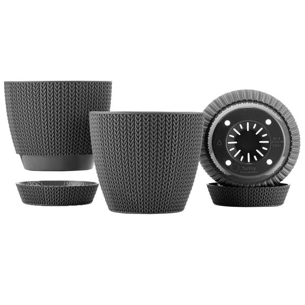 Gr8 Garden Set Of 4 Grey Sumela Knitted Flower Plant Pot Planter With Tray Indoor Garden