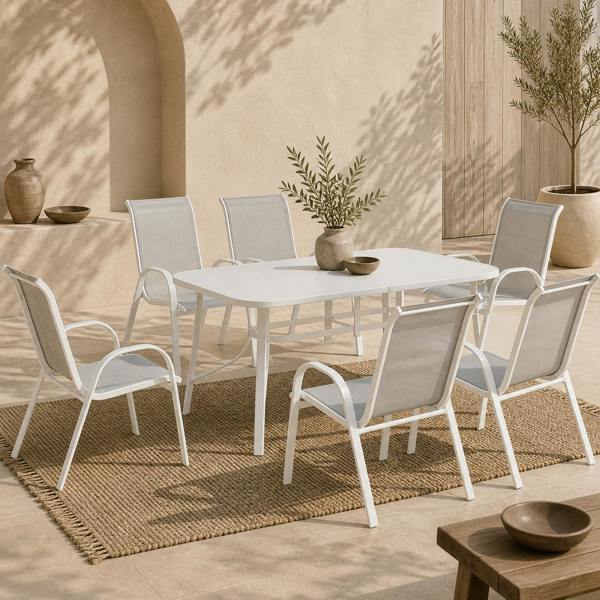 Wyld Haus Niseso 6 Seater with White Metal and Light Grey Mesh Outdoor Dining Set