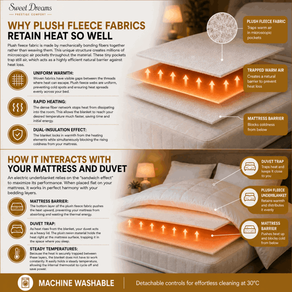 Sweet Dreams Electric Blanket Single Size - Plush Fleece Quilted - 10 Timer & 9 Heat Settings - Overheat Protection