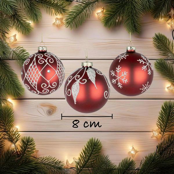 8cm Glass Christmas Baubles, 12 Pack, Red Festive Hanging Decorations with Mixed Designs image 1