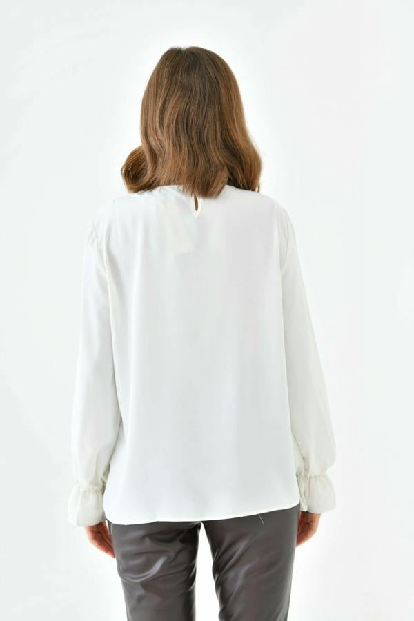 Hoxton Gal Oversized Frilled Front Blouse with Detailed Cuffs in White