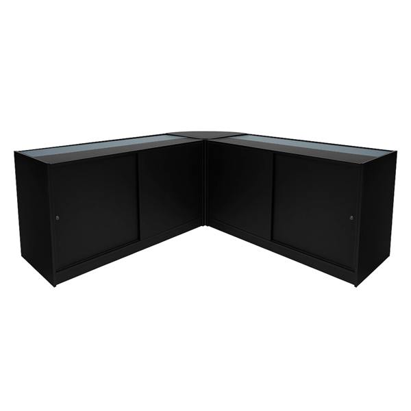 Black Adonis LED shop counter set featuring sleek design, glass display tops, and spacious storage compartments for retail use